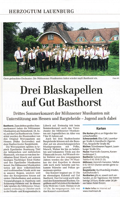 Die Lübecker Nachrichten berichten über das 3. Sommerkonzert auf Gut Basthorst - Bild zum Vergrößern bitte anklicken